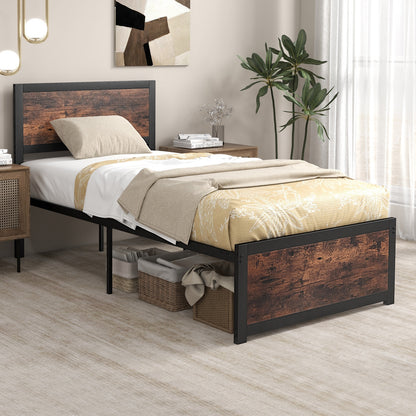 Twin Size Bed Frame Metal with High Headboard and Mute Bars-Twin Size, Rustic Brown Simple Bed Frame at Gallery Canada