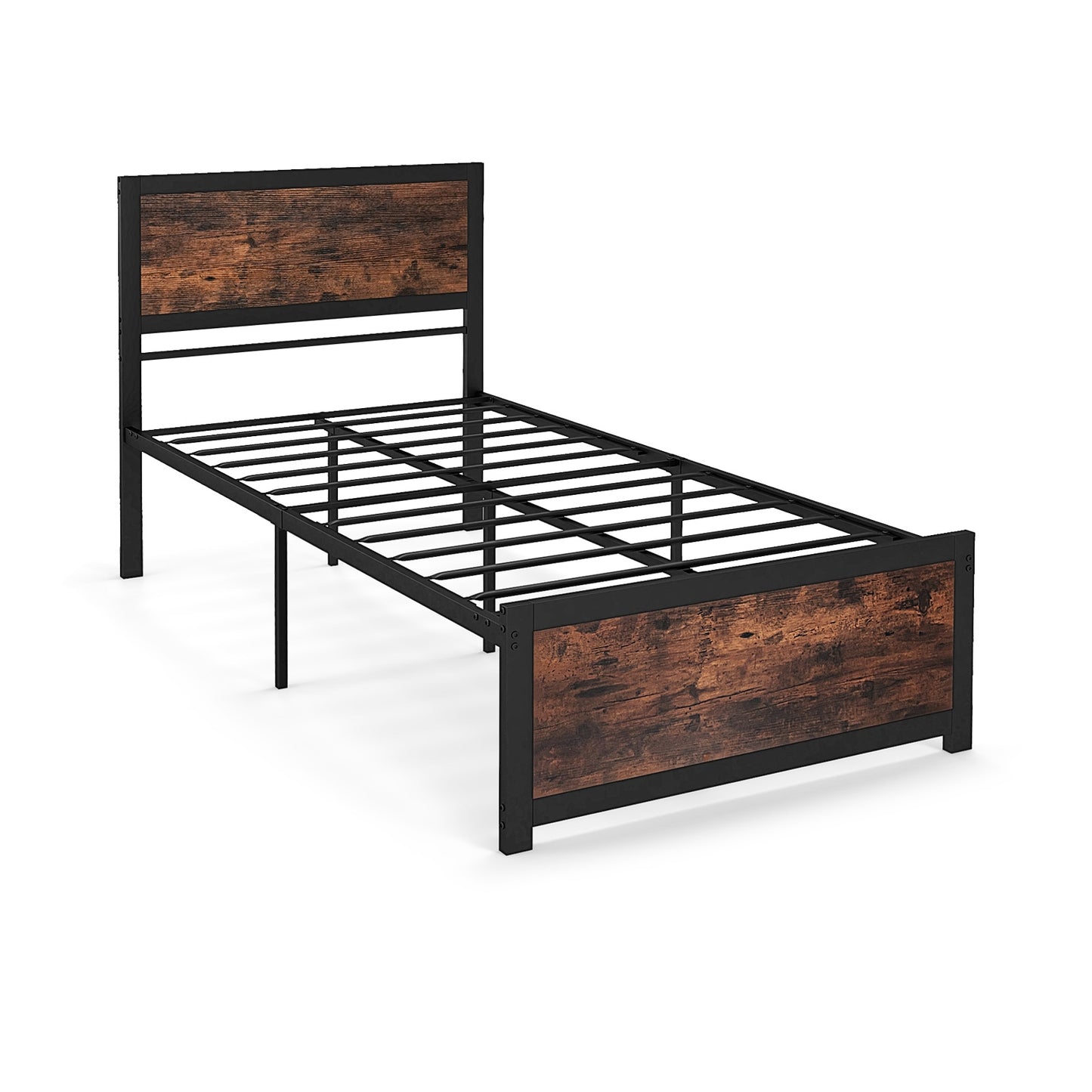 Twin Size Bed Frame Metal with High Headboard and Mute Bars-Twin Size, Rustic Brown Simple Bed Frame Rustic Brown at Gallery Canada