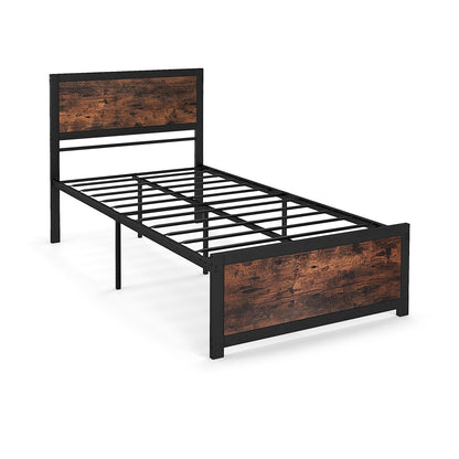 Twin Size Bed Frame Metal with High Headboard and Mute Bars-Twin Size, Rustic Brown Simple Bed Frame Rustic Brown at Gallery Canada