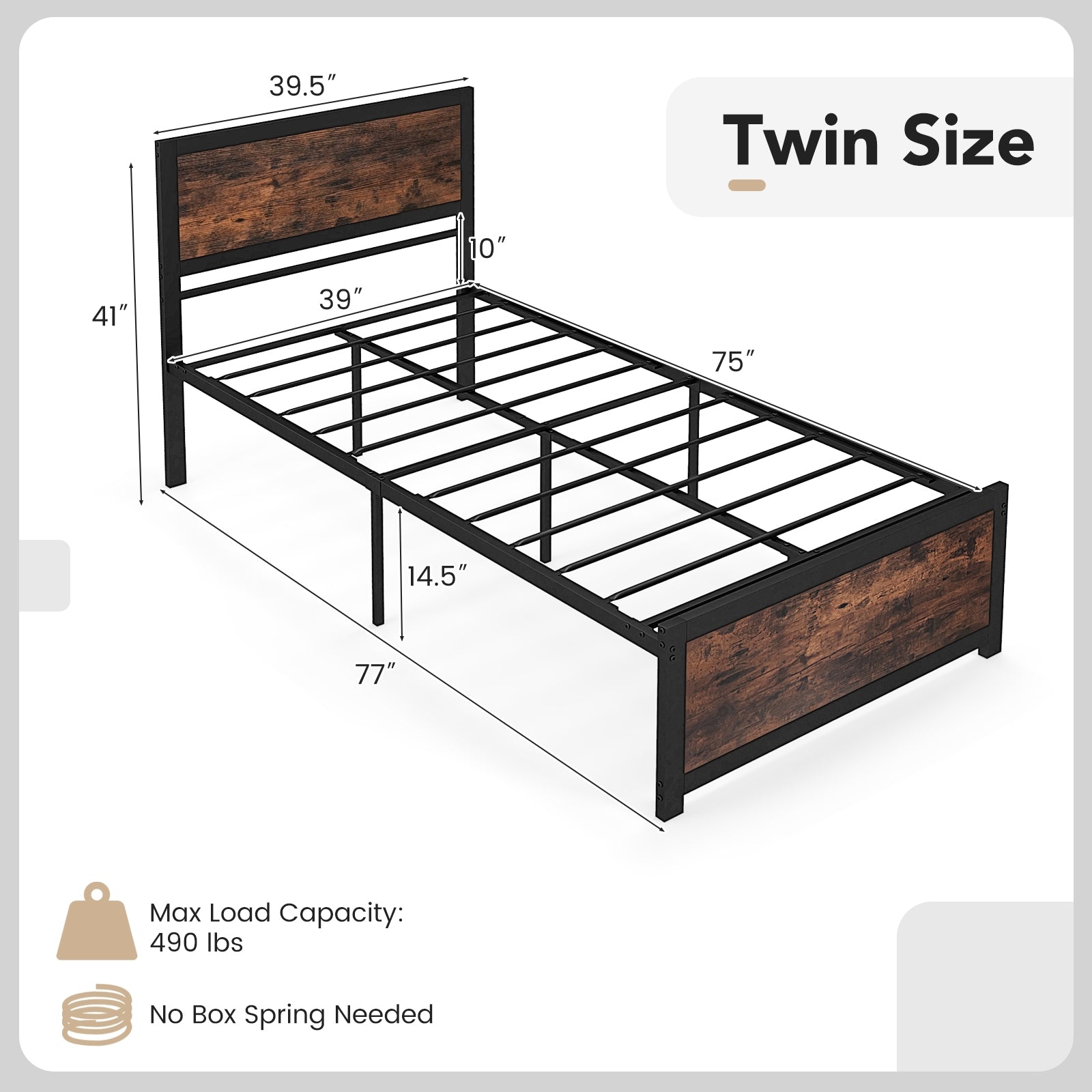 Twin Size Bed Frame Metal with High Headboard and Mute Bars-Twin Size, Rustic Brown Simple Bed Frame at Gallery Canada