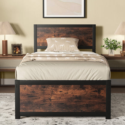 Twin Size Bed Frame Metal with High Headboard and Mute Bars-Twin Size, Rustic Brown Simple Bed Frame at Gallery Canada