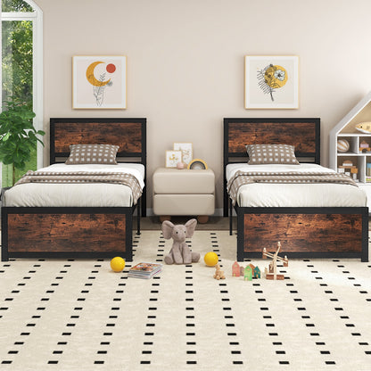 Twin Size Bed Frame Metal with High Headboard and Mute Bars-Twin Size, Rustic Brown Simple Bed Frame at Gallery Canada