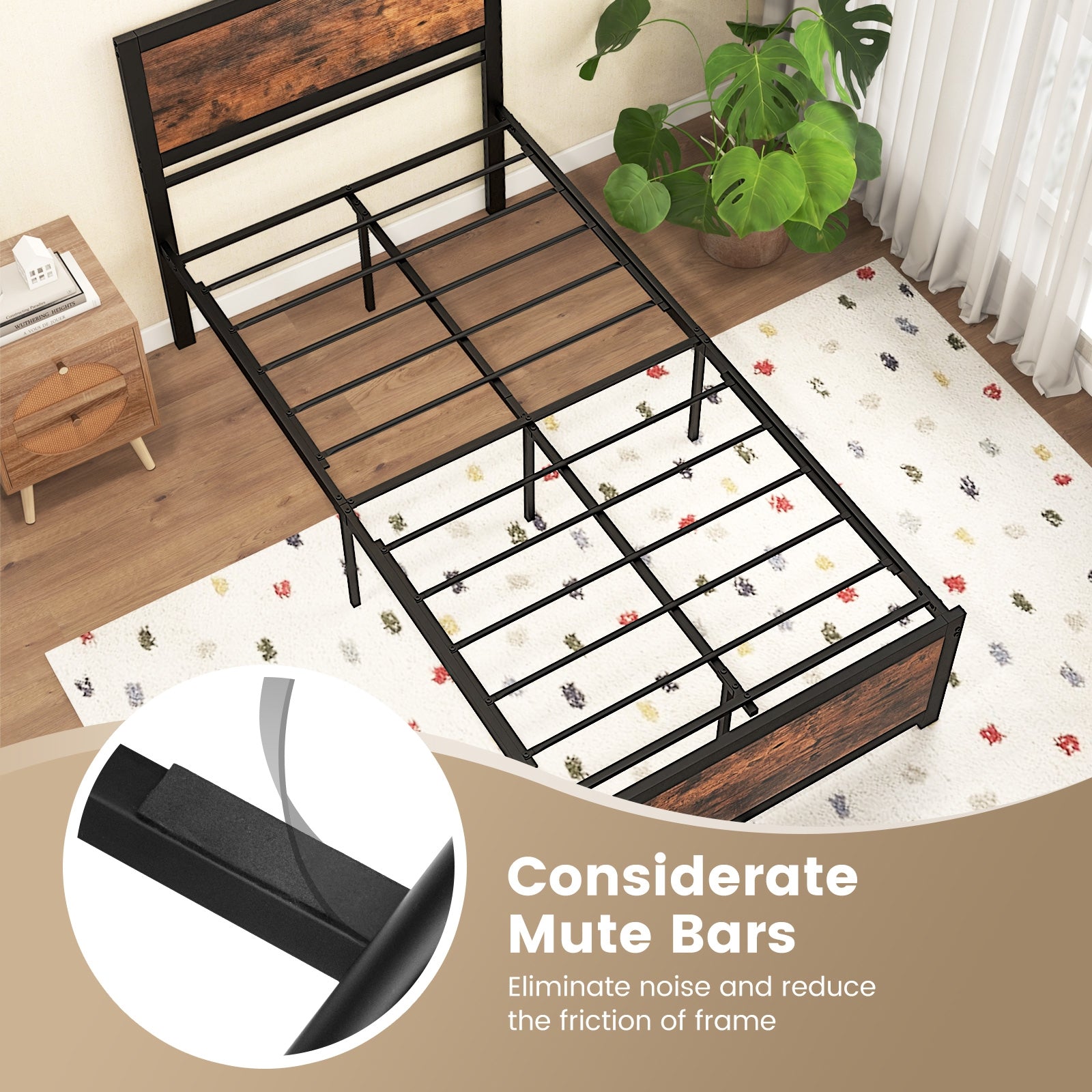 Twin Size Bed Frame Metal with High Headboard and Mute Bars-Twin Size, Rustic Brown Simple Bed Frame at Gallery Canada