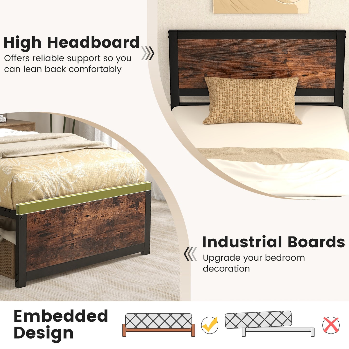 Twin Size Bed Frame Metal with High Headboard and Mute Bars-Twin Size, Rustic Brown Simple Bed Frame at Gallery Canada