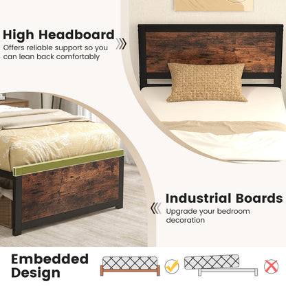 Twin Size Bed Frame Metal with High Headboard and Mute Bars-Twin Size, Rustic Brown Simple Bed Frame at Gallery Canada