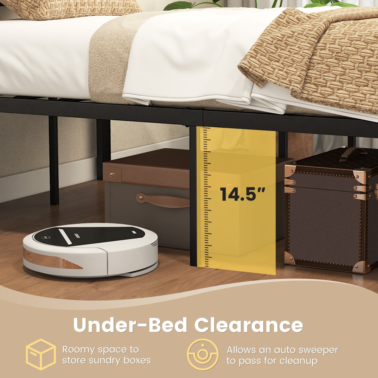 Twin Size Bed Frame Metal with High Headboard and Mute Bars-Twin Size, Rustic Brown Simple Bed Frame at Gallery Canada