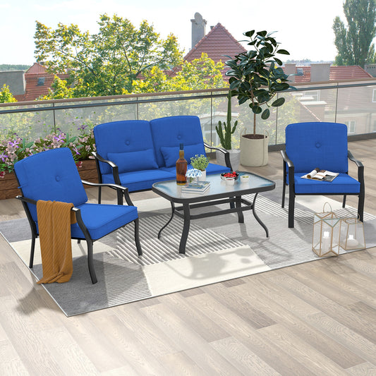 4 Piece Outdoor Conversation Set, With Seat Back Cushions And Waist Pillows, Navy Patio Conversation Sets Navy at Gallery Canada