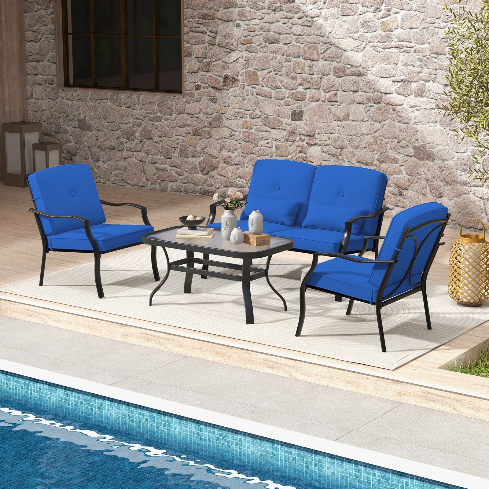 4 Pieces Outdoor Conversation Set with Seat Back Cushions and Waist Pillows, Navy Patio Conversation Sets at Gallery Canada
