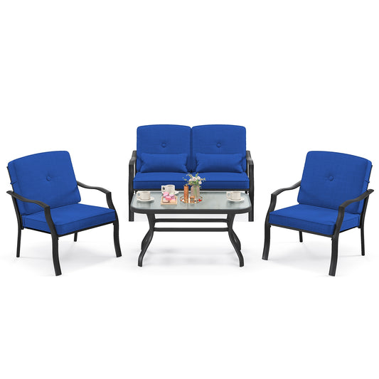 4 Piece Outdoor Conversation Set, With Seat Back Cushions And Waist Pillows, Navy Patio Conversation Sets Navy at Gallery Canada
