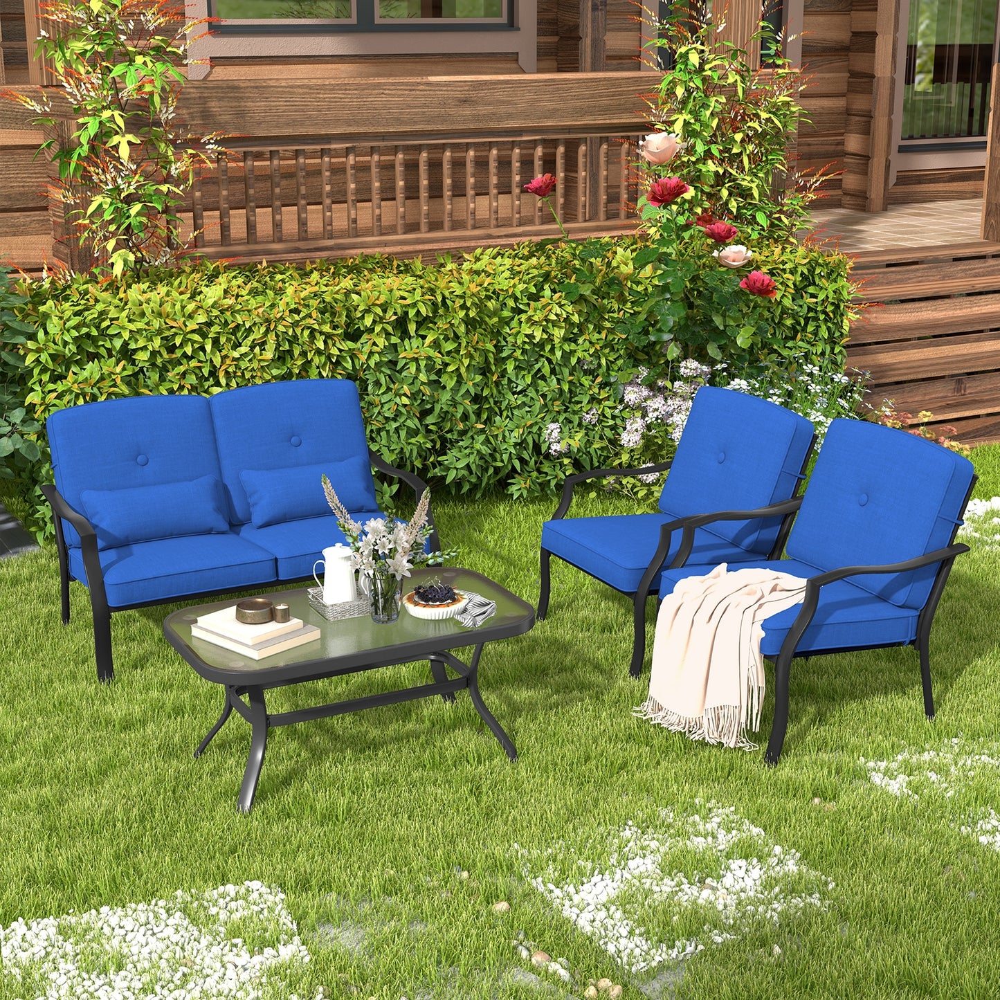 4 Pieces Outdoor Conversation Set with Seat Back Cushions and Waist Pillows, Navy Patio Conversation Sets at Gallery Canada