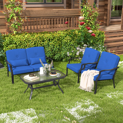 4 Pieces Outdoor Conversation Set with Seat Back Cushions and Waist Pillows, Navy Patio Conversation Sets at Gallery Canada