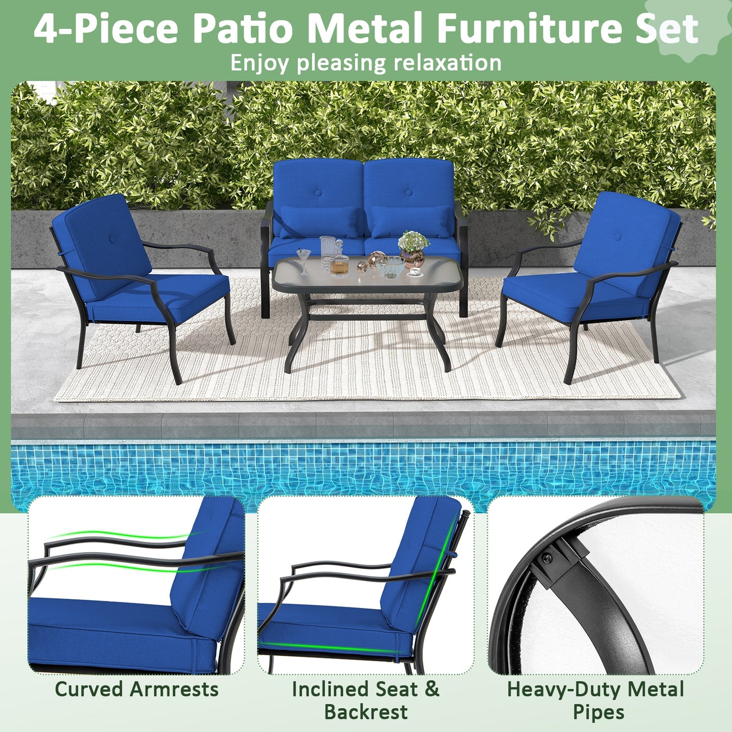 4 Pieces Outdoor Conversation Set with Seat Back Cushions and Waist Pillows, Navy Patio Conversation Sets at Gallery Canada