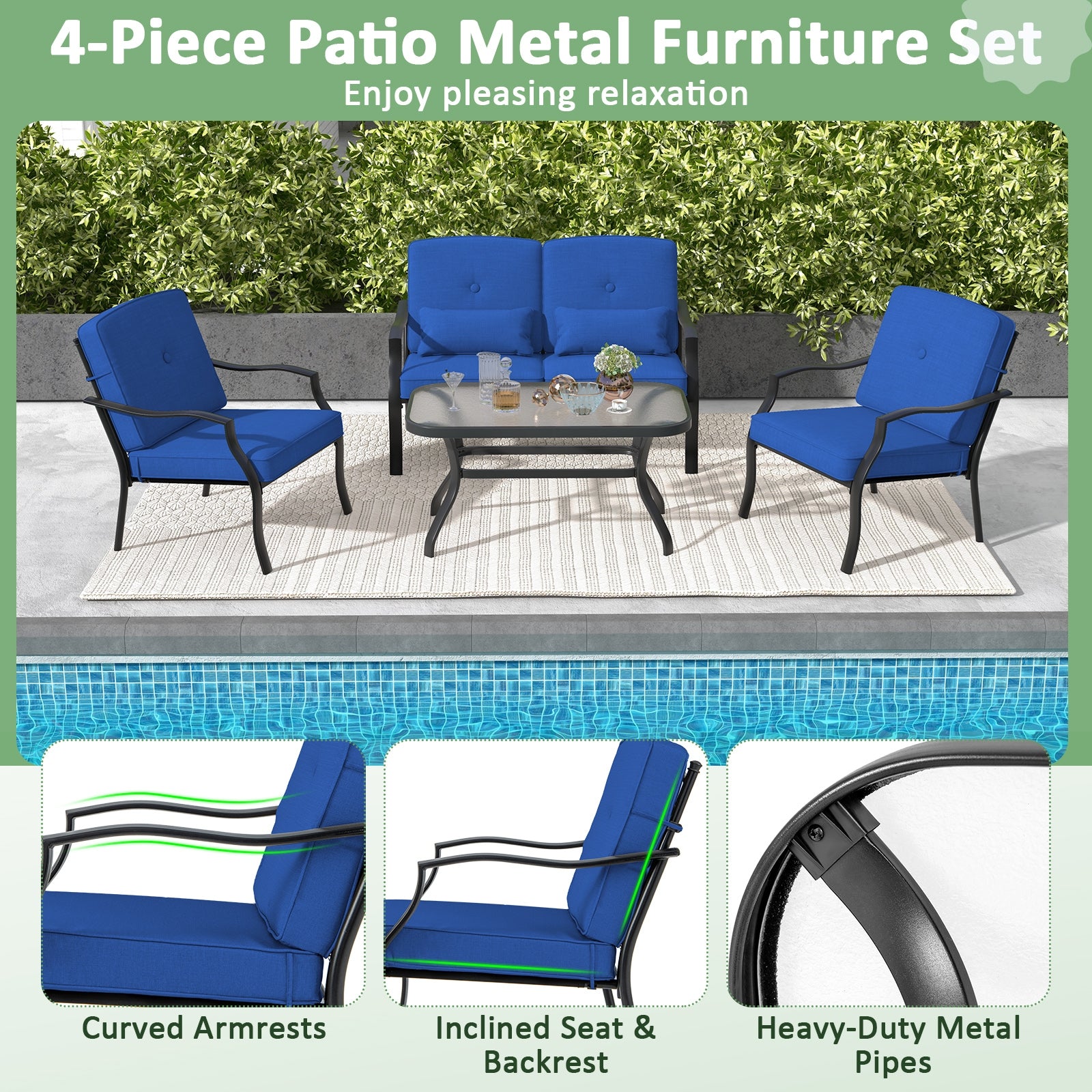 4 Pieces Outdoor Conversation Set with Seat Back Cushions and Waist Pillows, Navy Patio Conversation Sets at Gallery Canada