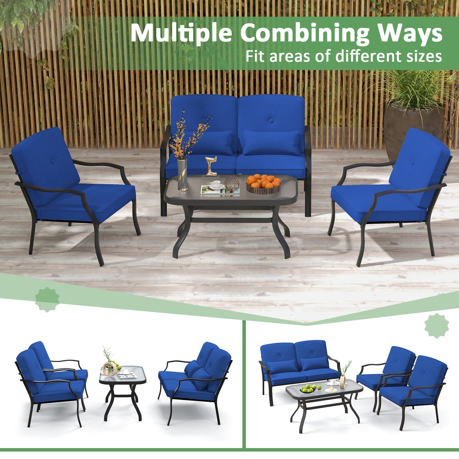 4 Pieces Outdoor Conversation Set with Seat Back Cushions and Waist Pillows, Navy Patio Conversation Sets at Gallery Canada