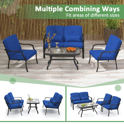 4 Pieces Outdoor Conversation Set with Seat Back Cushions and Waist Pillows, Navy Patio Conversation Sets at Gallery Canada