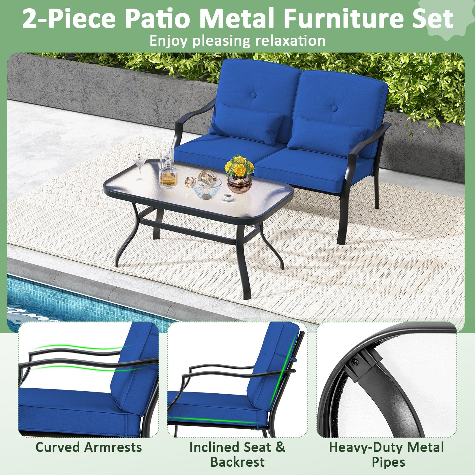 Outdoor Loveseat Chair Set with Coffee Table and Seat Back Cushions, Navy Patio Conversation Sets at Gallery Canada