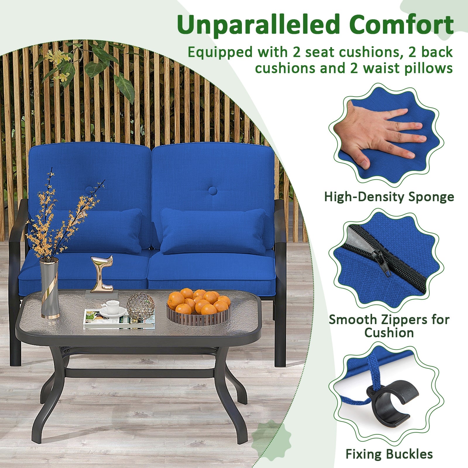 Outdoor Loveseat Chair Set with Coffee Table and Seat Back Cushions, Navy Patio Conversation Sets at Gallery Canada