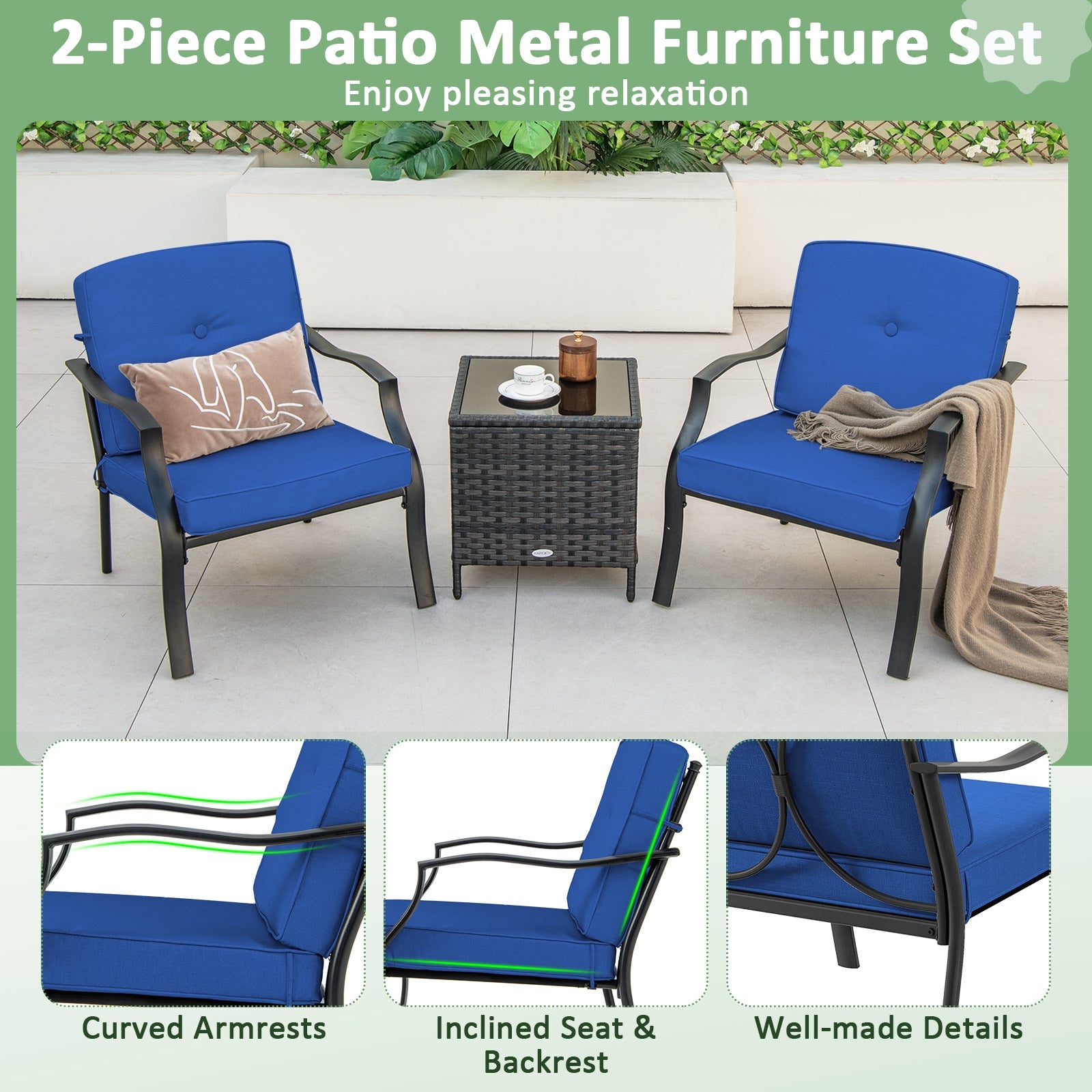 2 Pieces Patio Metal Chairs with Seat and Back Cushions for Yard, Navy Patio Dining Chairs at Gallery Canada