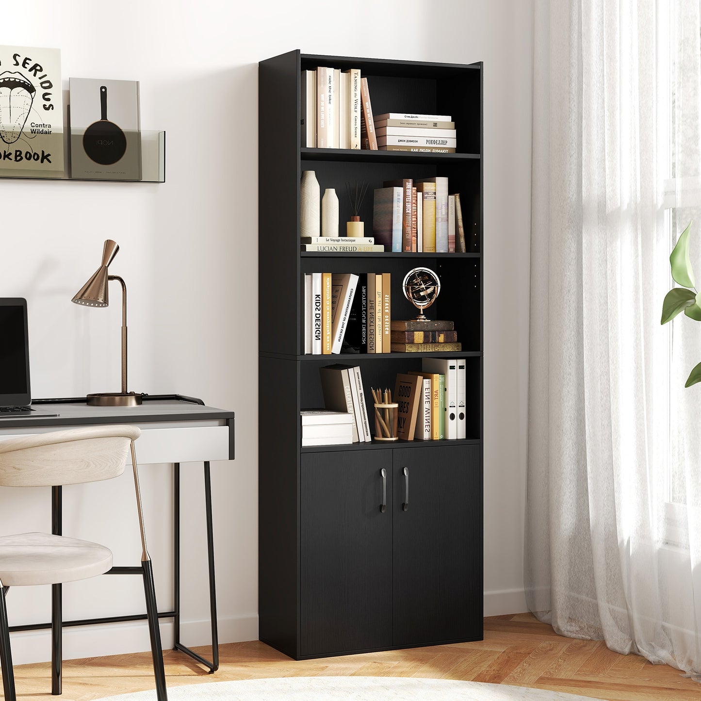 70 Inch Bookcase 6-Tier with Adjustable Shelves and 2-Door Cabinet, Black Bookcases at Gallery Canada