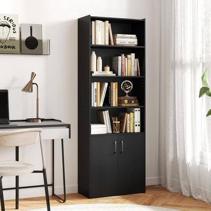 70 Inch Bookcase 6-Tier with Adjustable Shelves and 2-Door Cabinet, Black Bookcases at Gallery Canada