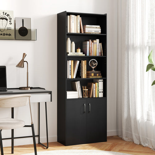 70 Inch Bookcase 6-Tier with Adjustable Shelves and 2-Door Cabinet, Black