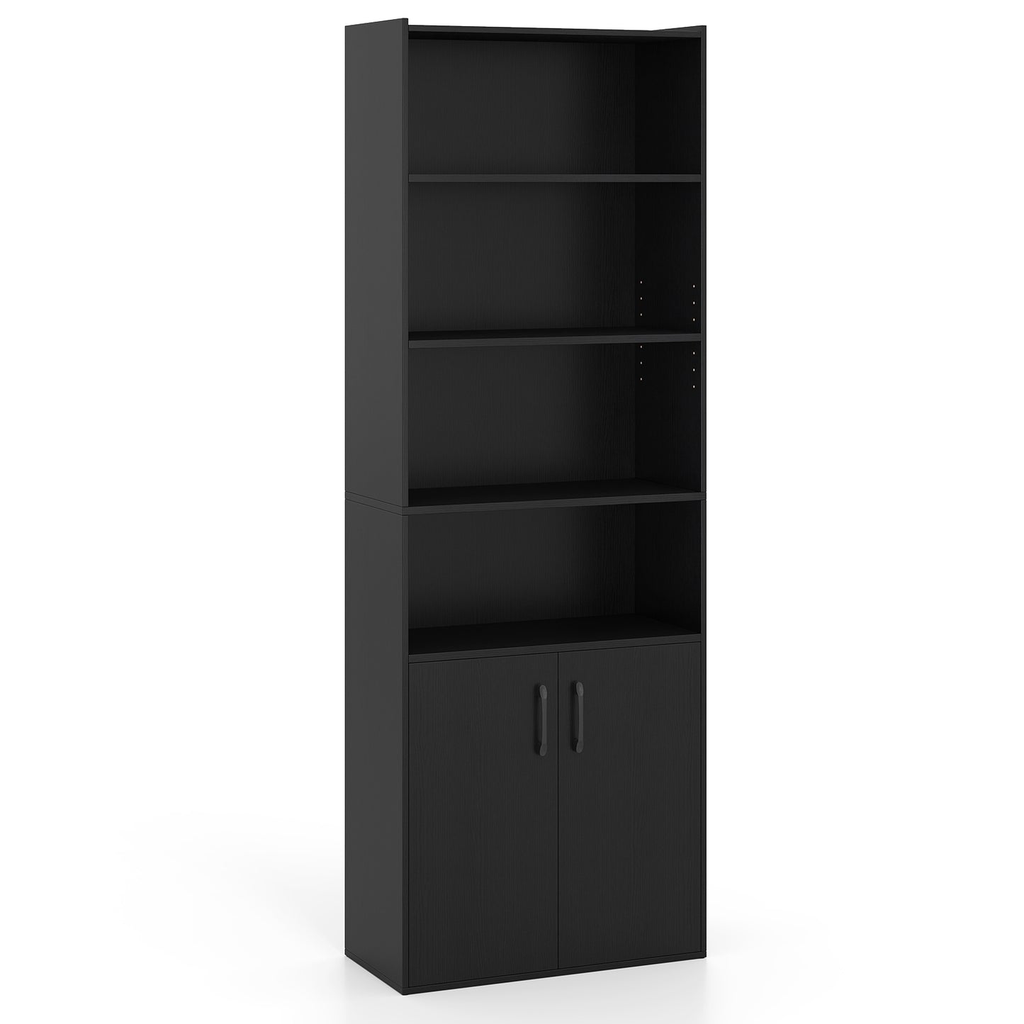 70 Inch Bookcase 6-Tier with Adjustable Shelves and 2-Door Cabinet, Black Bookcases at Gallery Canada
