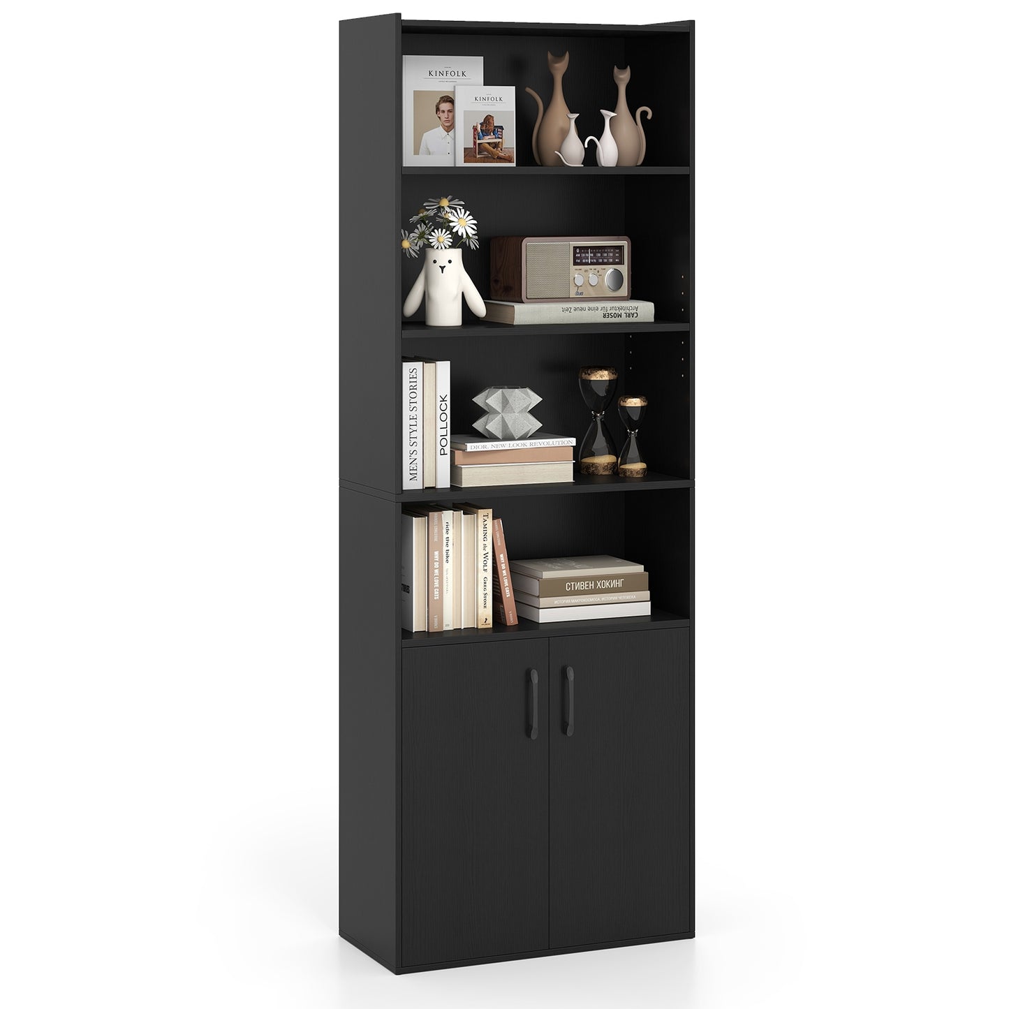 70 Inch Bookcase 6-Tier with Adjustable Shelves and 2-Door Cabinet, Black Bookcases at Gallery Canada