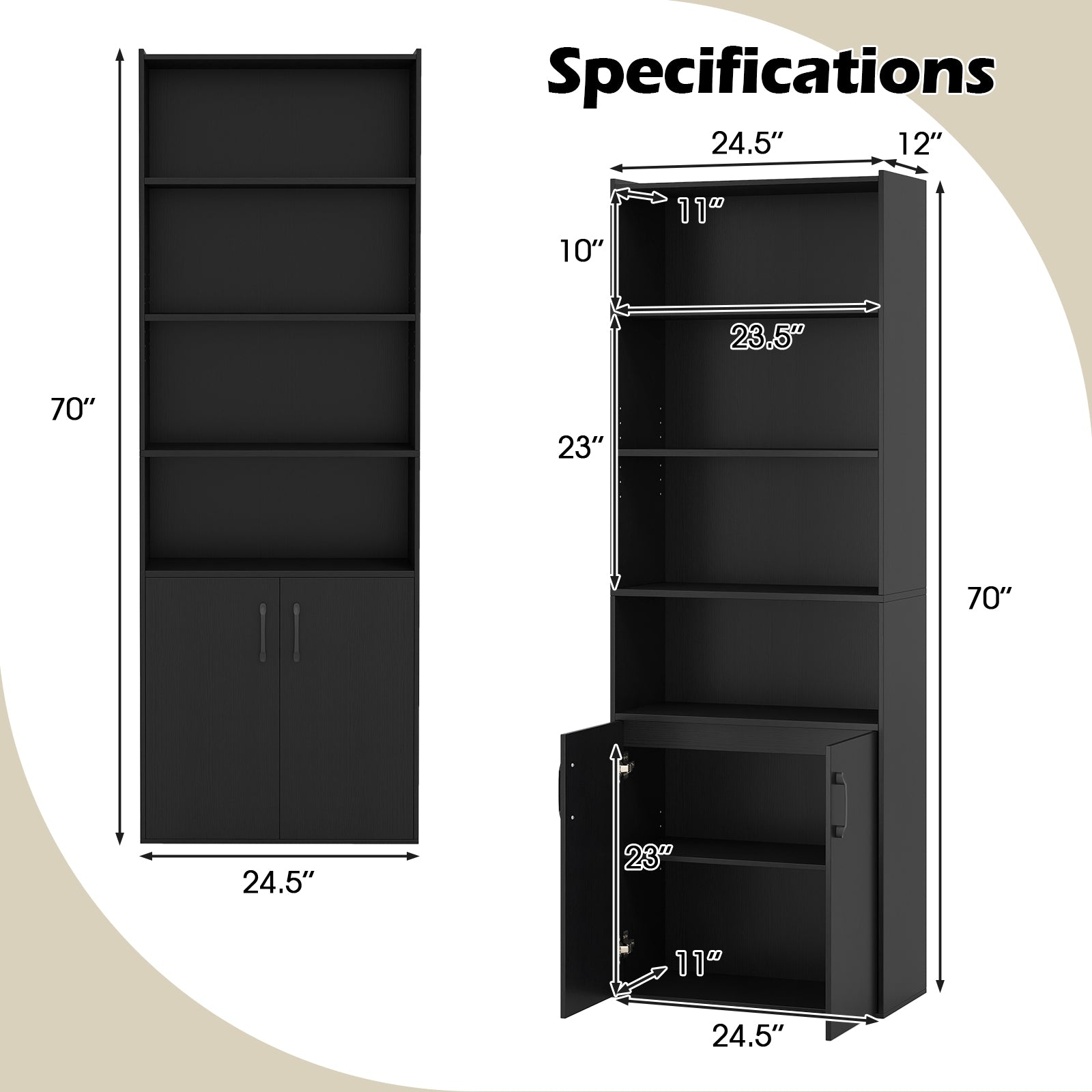 70 Inch Bookcase 6-Tier with Adjustable Shelves and 2-Door Cabinet, Black Bookcases at Gallery Canada