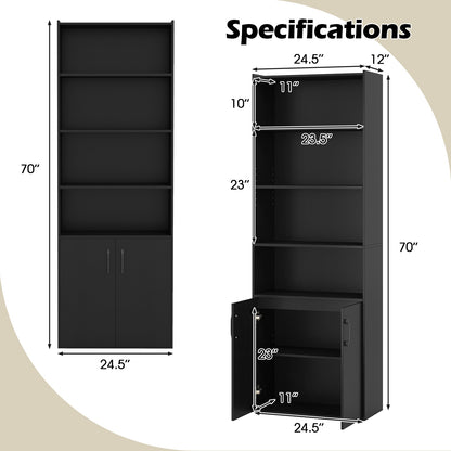 70 Inch Bookcase 6-Tier with Adjustable Shelves and 2-Door Cabinet, Black Bookcases at Gallery Canada