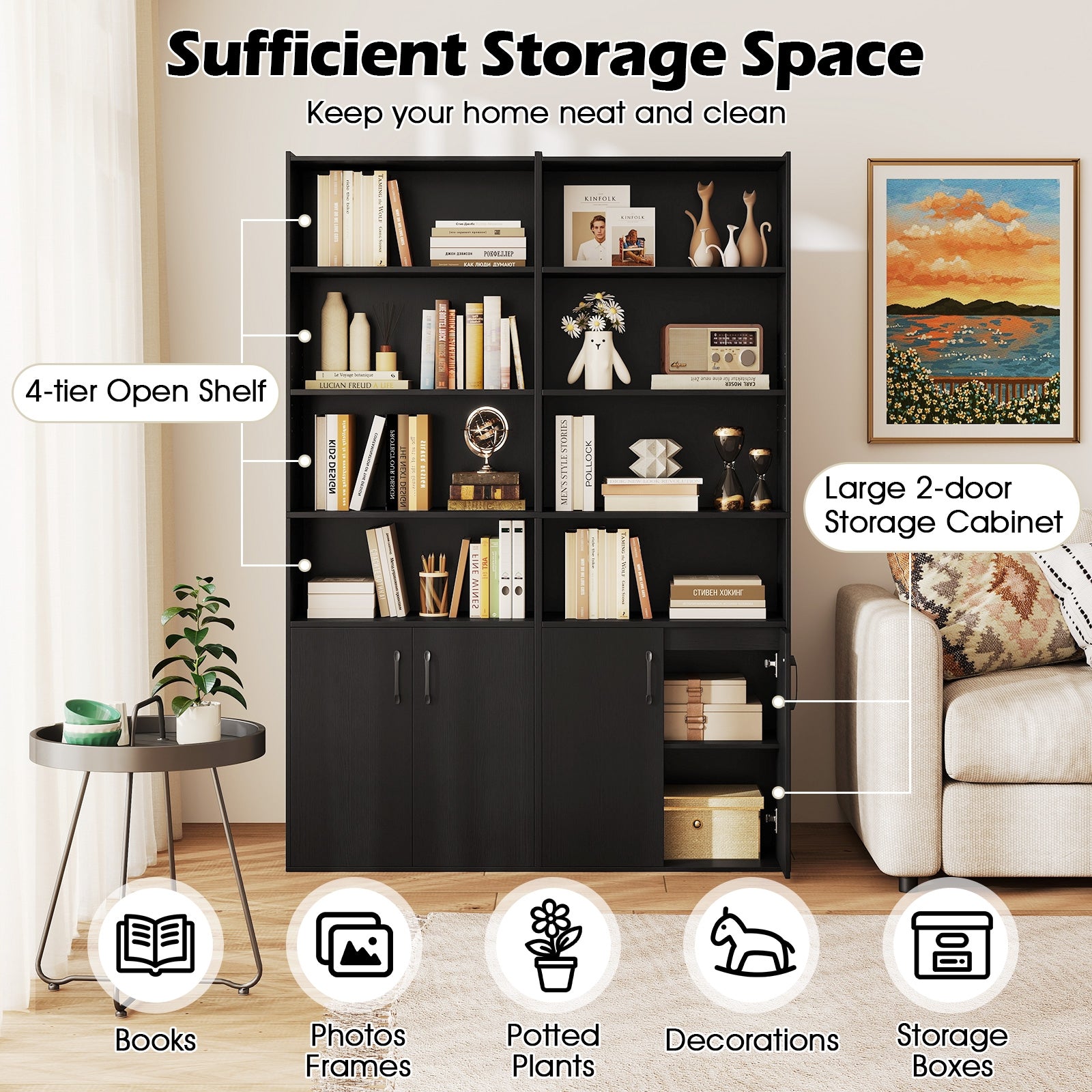 70 Inch Bookcase 6-Tier with Adjustable Shelves and 2-Door Cabinet, Black Bookcases at Gallery Canada