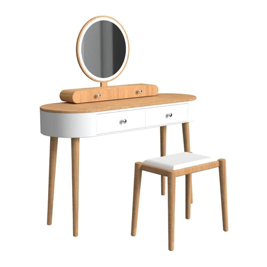 Makeup Vanity Table Set with LED Mirror and 3 Spacious Drawers-White-Natural Wood, White-Natural Wood