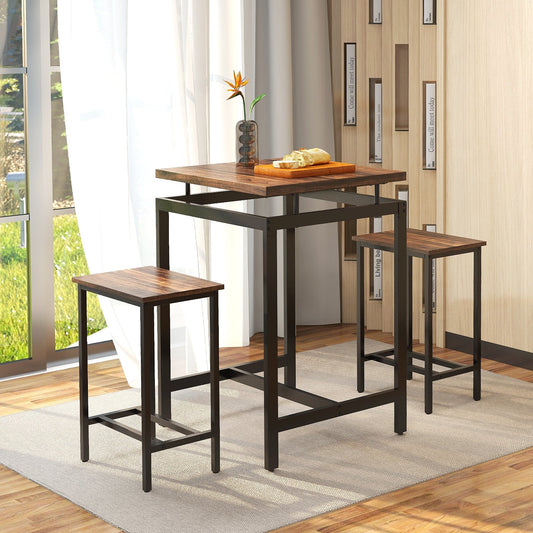 3 Pieces Pub Dining Table Set with Floating Tabletop and Footrest, Rustic Brown - Gallery Canada