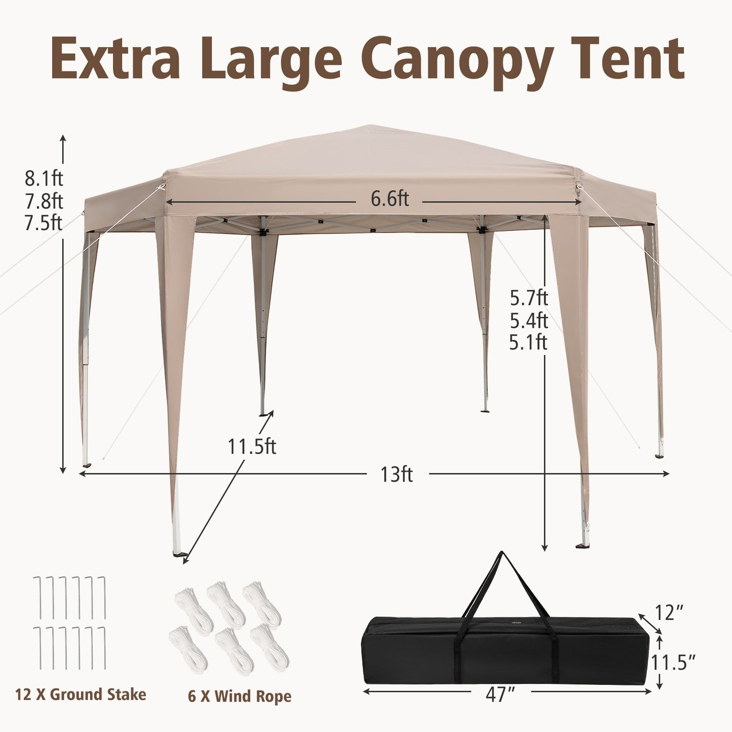 13 x 11.5 FT Hexagonal Pop-Up Height Adjustable Canopy Tent with Dressed Legs, Khaki Canopies at Gallery Canada
