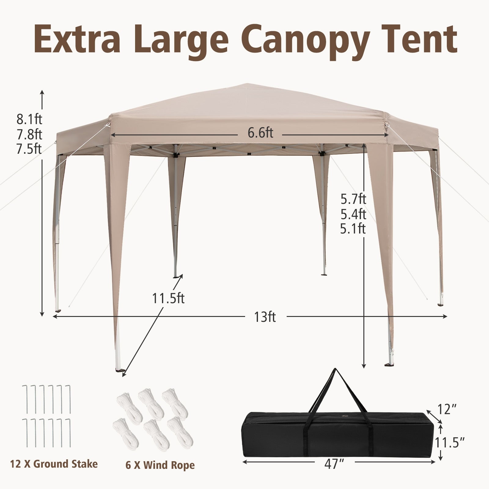 13 x 11.5 FT Hexagonal Pop-Up Height Adjustable Canopy Tent with Dressed Legs, Khaki Canopies at Gallery Canada