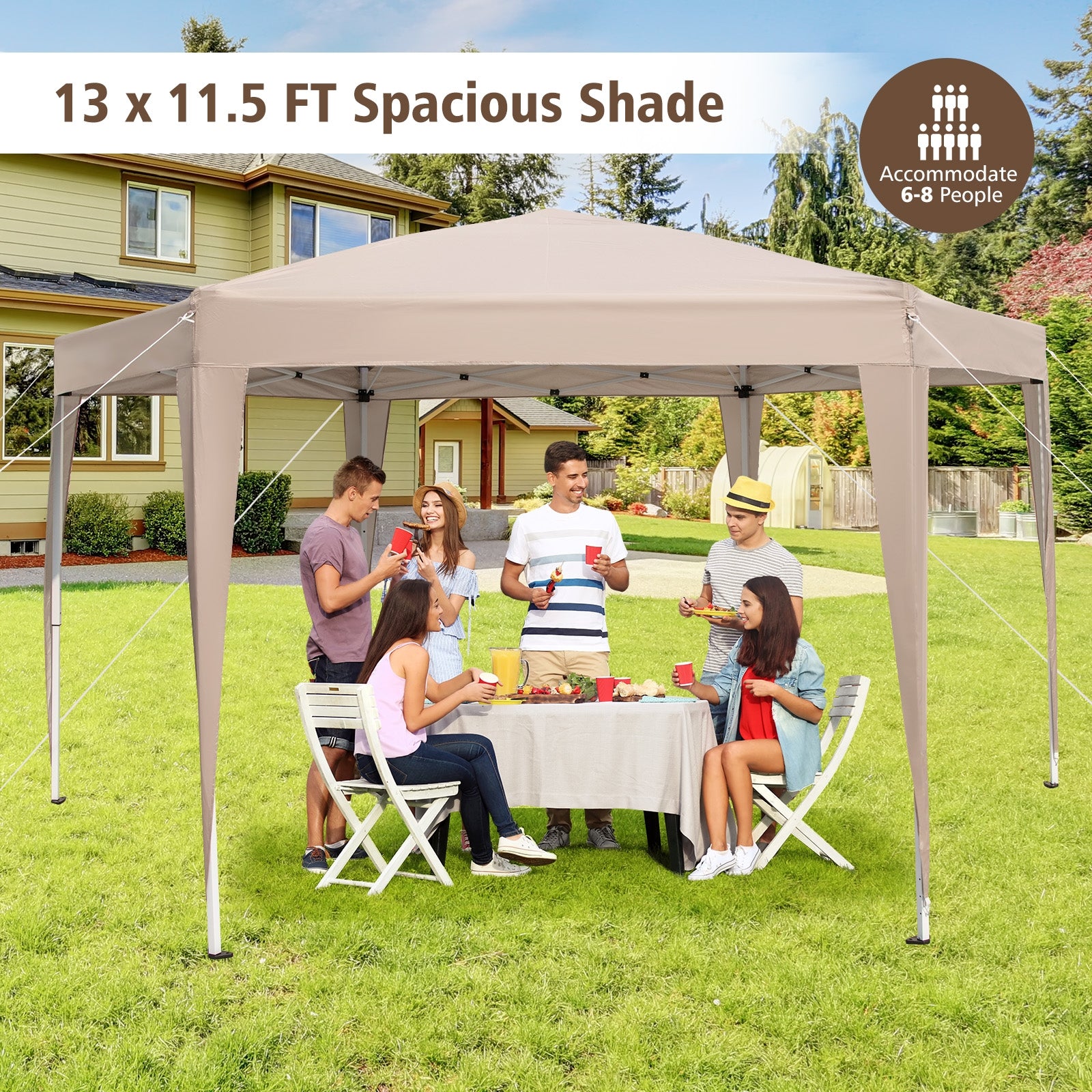 13 x 11.5 FT Hexagonal Pop-Up Height Adjustable Canopy Tent with Dressed Legs, Khaki Canopies at Gallery Canada