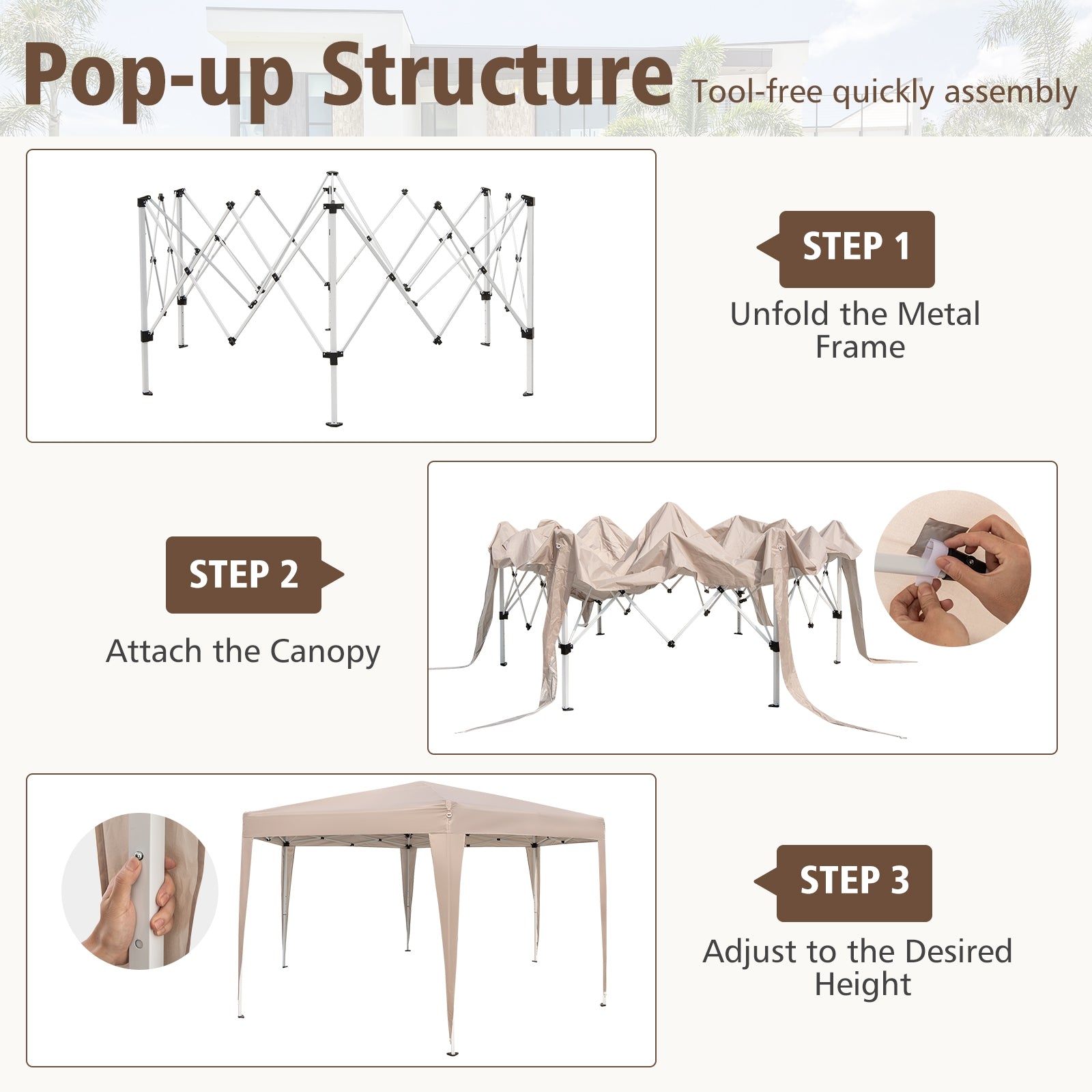 13 x 11.5 FT Hexagonal Pop-Up Height Adjustable Canopy Tent with Dressed Legs, Khaki Canopies at Gallery Canada