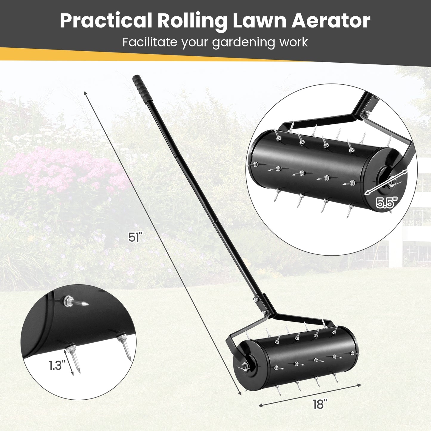 18/21 Inch Manual Lawn Aerator with Detachable Handle-18 inches, Black Lawn Care Tools at Gallery Canada