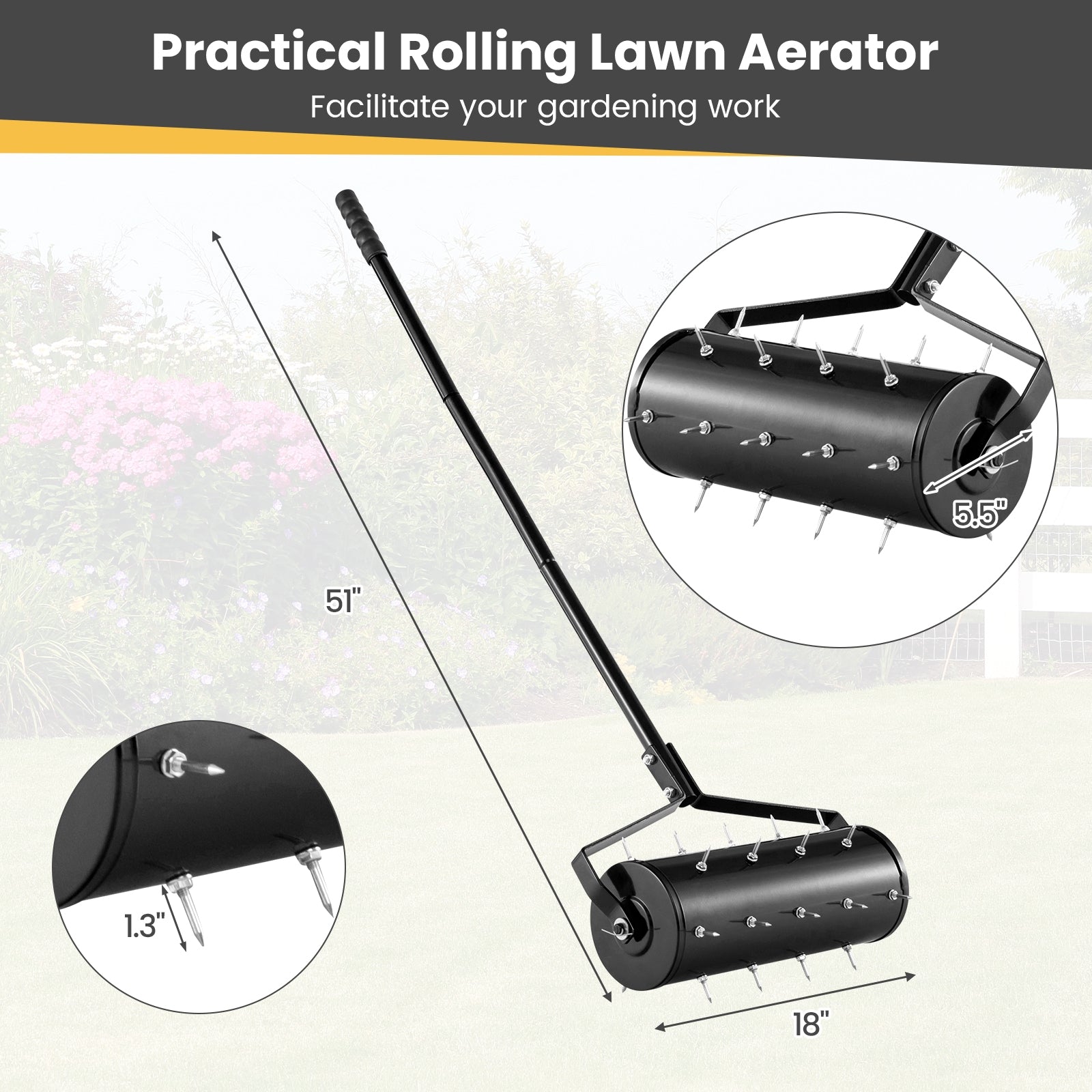 18/21 Inch Manual Lawn Aerator with Detachable Handle-18 inches, Black Lawn Care Tools at Gallery Canada