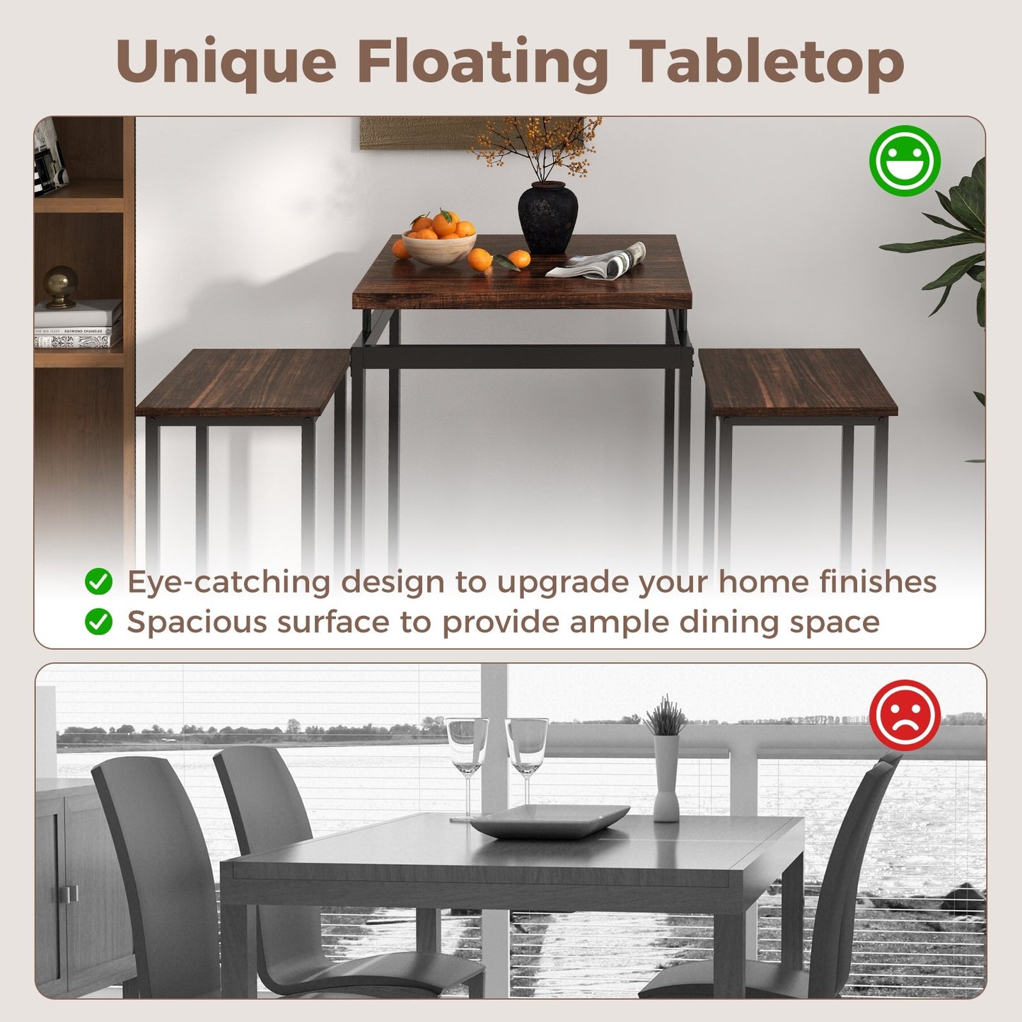 3 Pieces Pub Dining Table Set with Floating Tabletop and Footrest, Rustic Brown