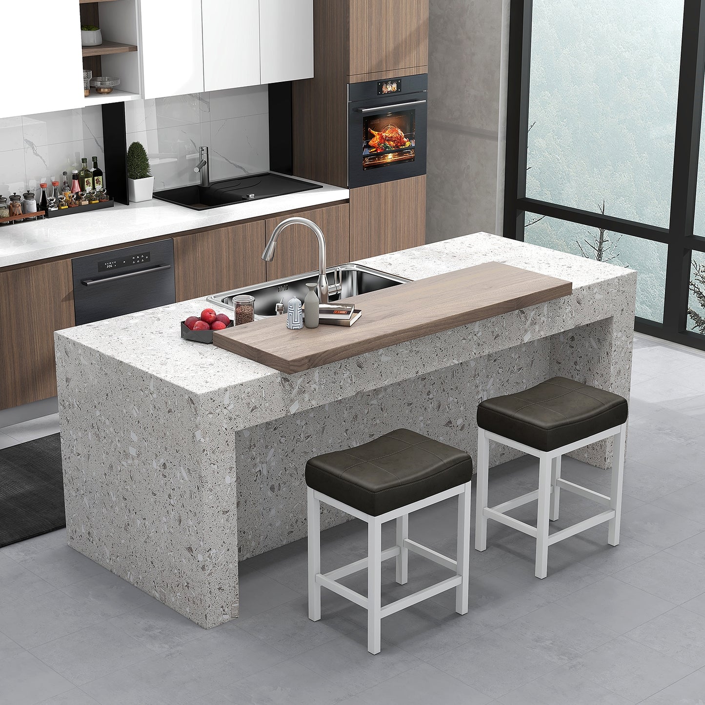 24.5 Inches Linen Fabric Saddle Stools Set of 2 with Cushioned Seat-Black and White, Black & White Bar Stools at Gallery Canada