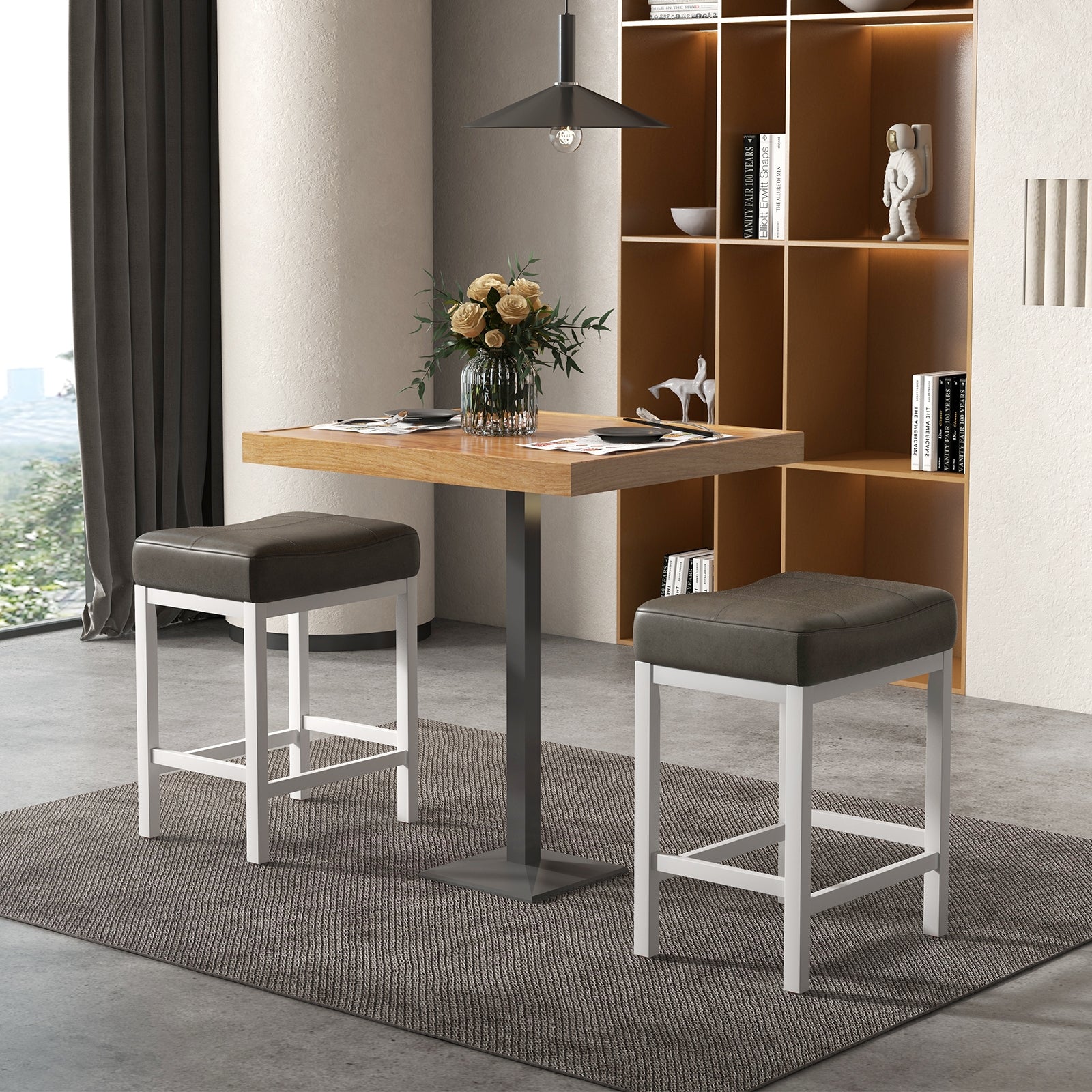 24.5 Inches Linen Fabric Saddle Stools Set of 2 with Cushioned Seat-Black and White, Black & White Bar Stools at Gallery Canada