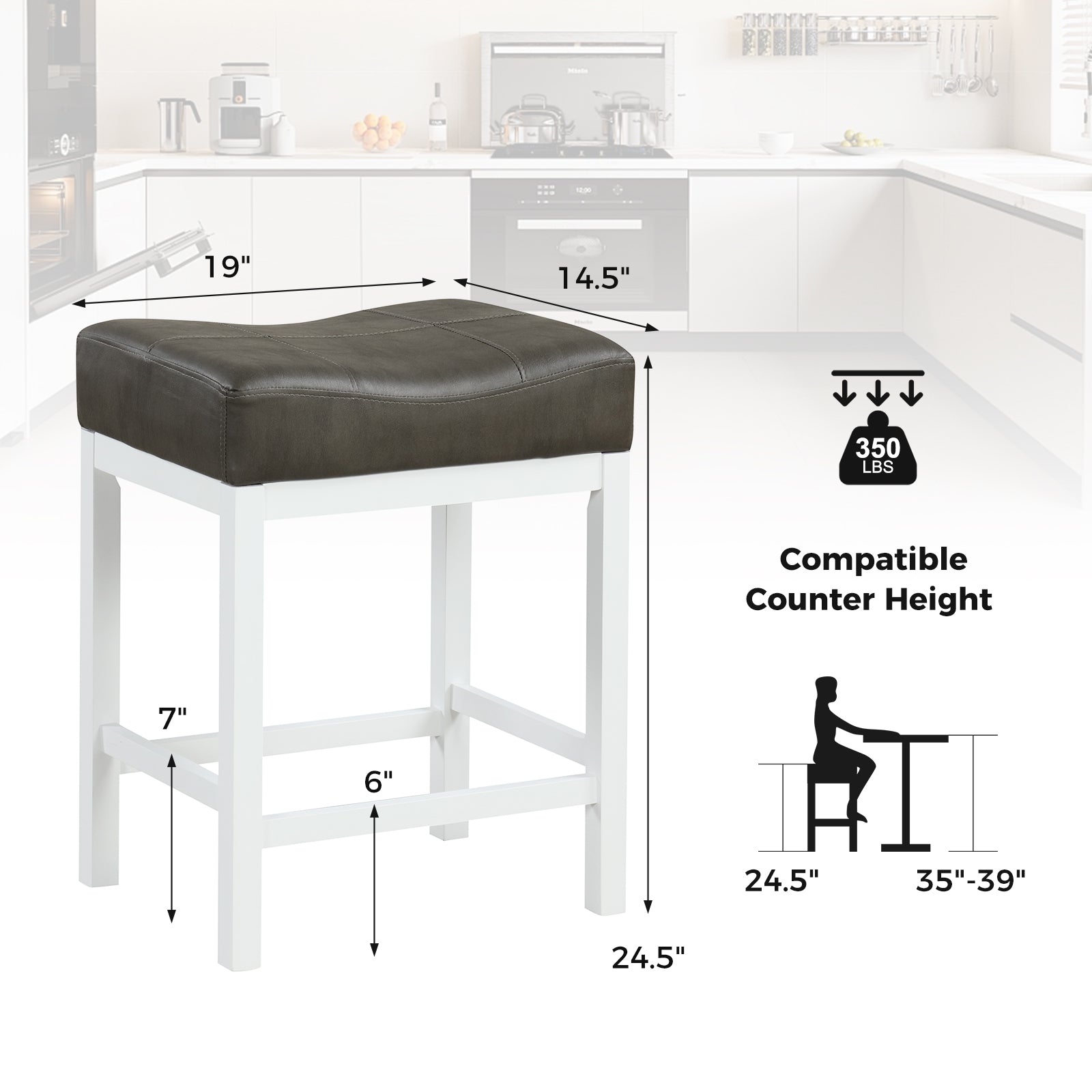 24.5 Inches Linen Fabric Saddle Stools Set of 2 with Cushioned Seat-Black and White, Black & White Bar Stools at Gallery Canada