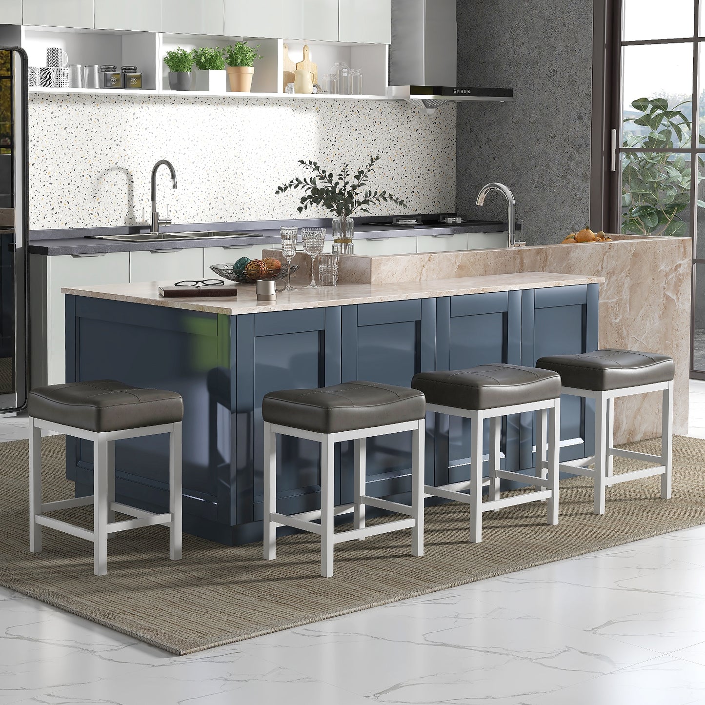 24.5 Inches Linen Fabric Saddle Stools Set of 2 with Cushioned Seat-Black and White, Black & White Bar Stools at Gallery Canada