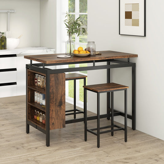 3 Pieces Dining Table Set with 3-Tier Storage Shelf and Metal Frame, Brown - Gallery Canada