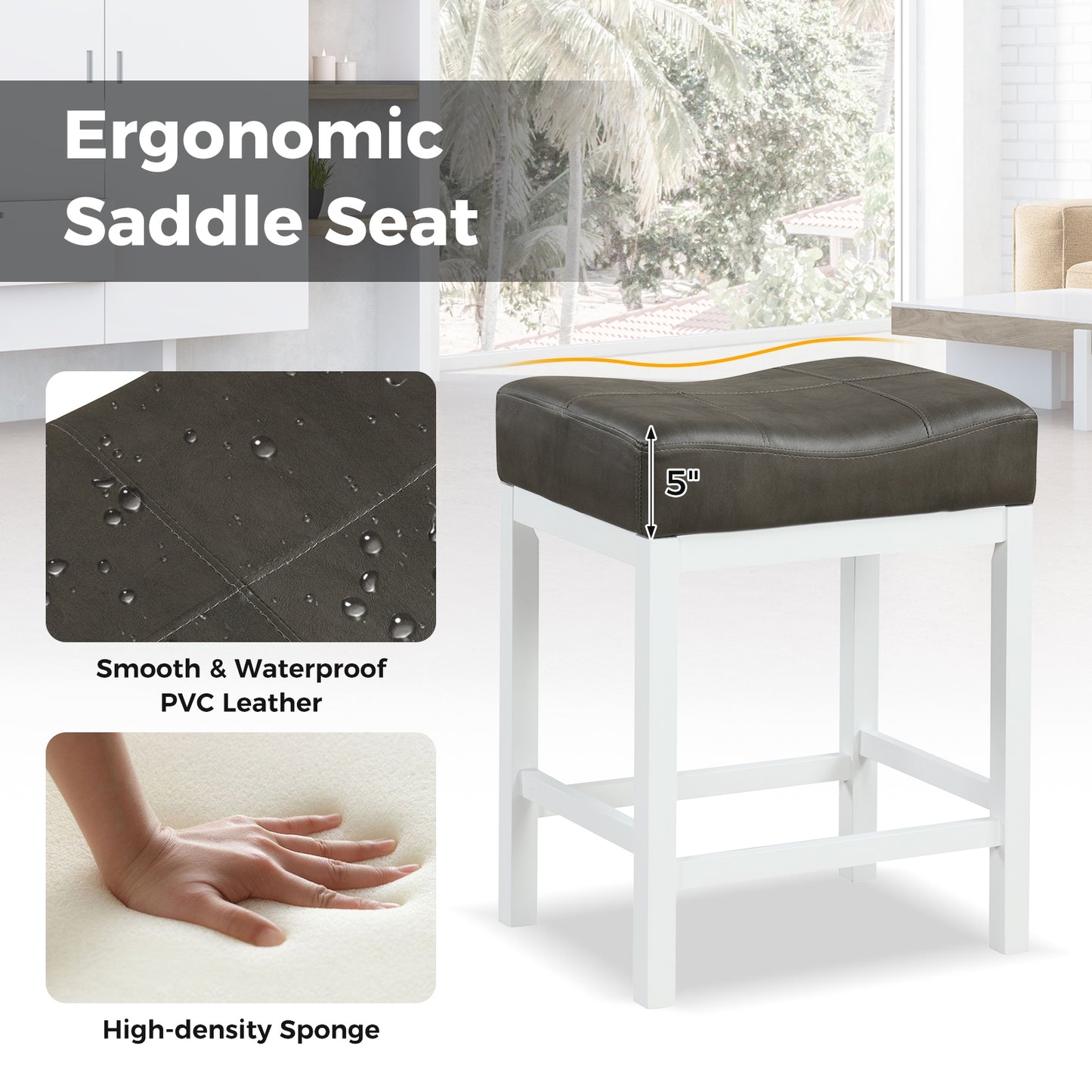 24.5 Inches Linen Fabric Saddle Stools Set of 2 with Cushioned Seat-Black and White, Black & White Bar Stools at Gallery Canada