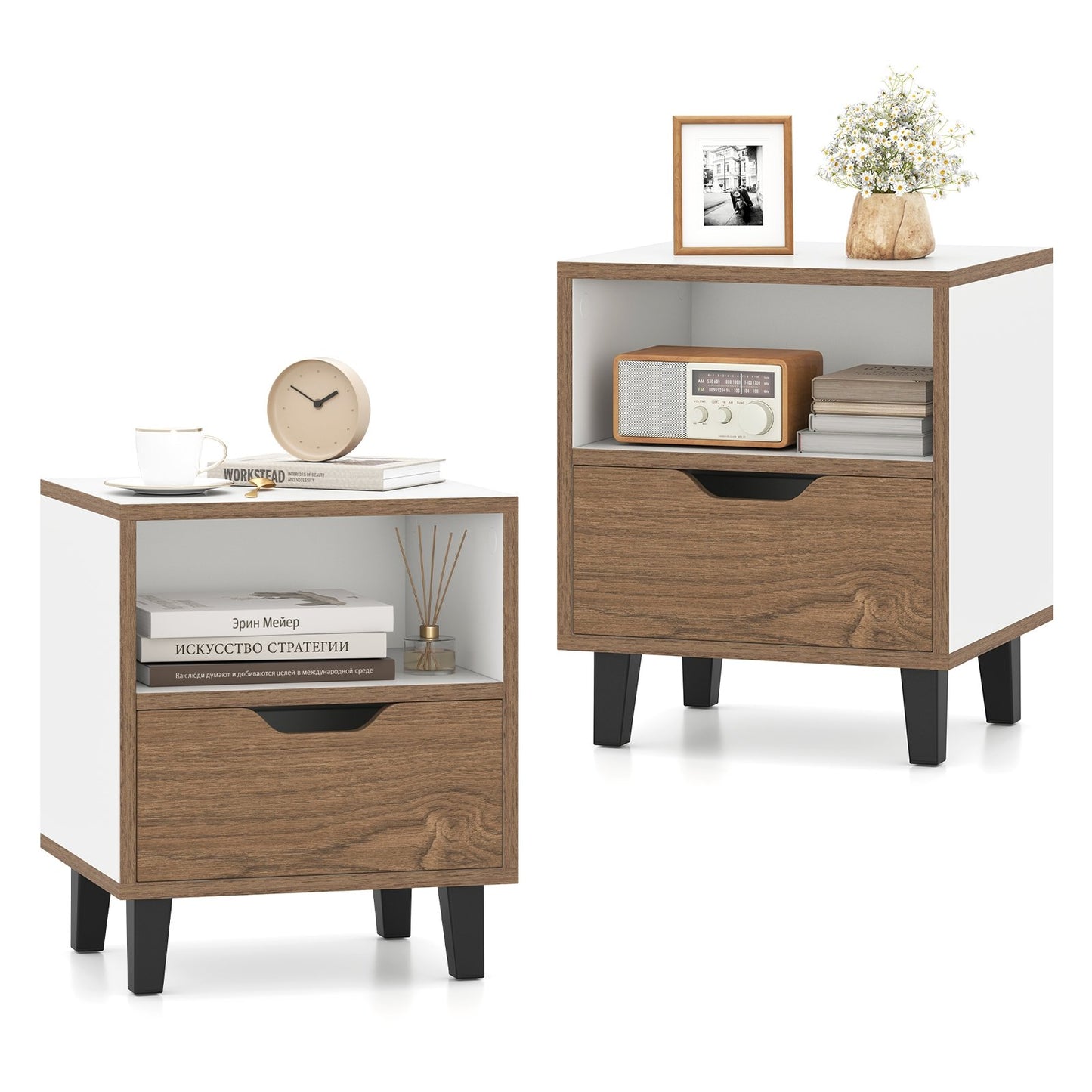 Nightstand Set of 2 with Drawer and Open Storage Shelf for Bedroom, White Nightstands at Gallery Canada