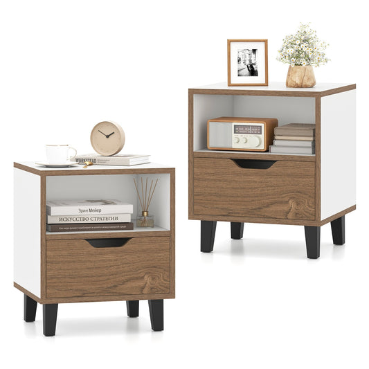 Nightstand Set of 2 with Drawer and Open Storage Shelf for Bedroom, White Nightstands White at Gallery Canada
