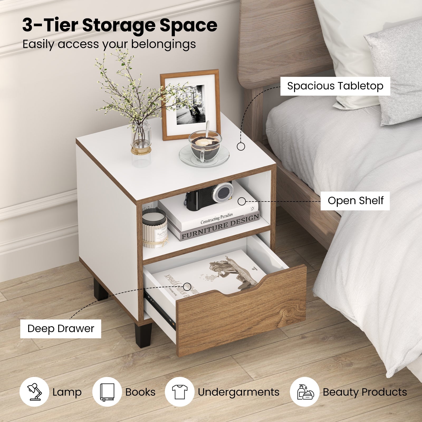 Nightstand Set of 2 with Drawer and Open Storage Shelf for Bedroom, White Nightstands at Gallery Canada