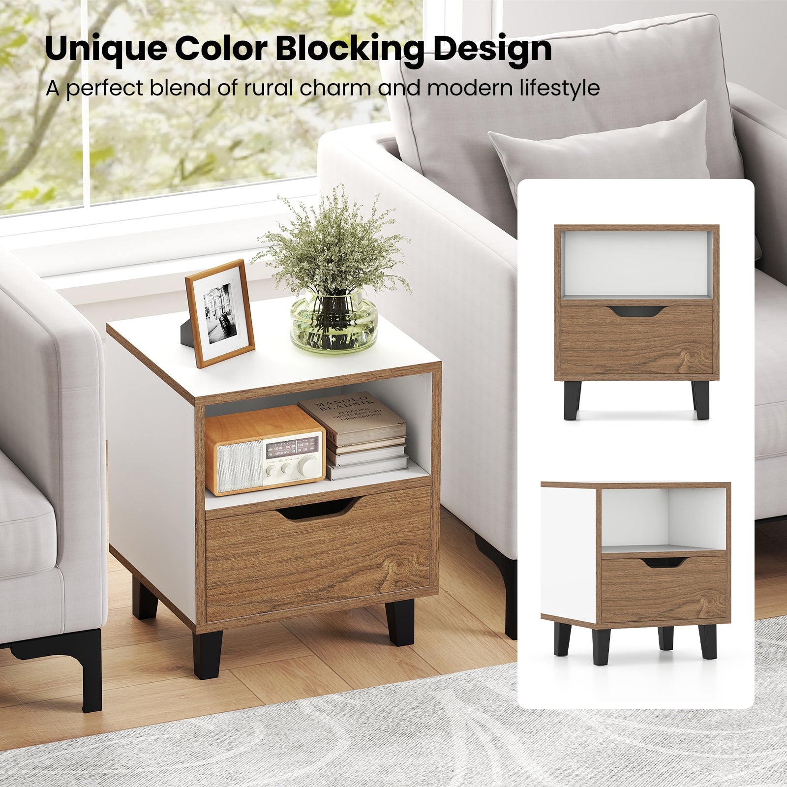 Nightstand Set of 2 with Drawer and Open Storage Shelf for Bedroom, White Nightstands at Gallery Canada