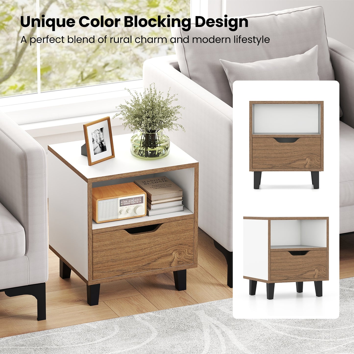 Nightstand Set of 2 with Drawer and Open Storage Shelf for Bedroom, White Nightstands at Gallery Canada
